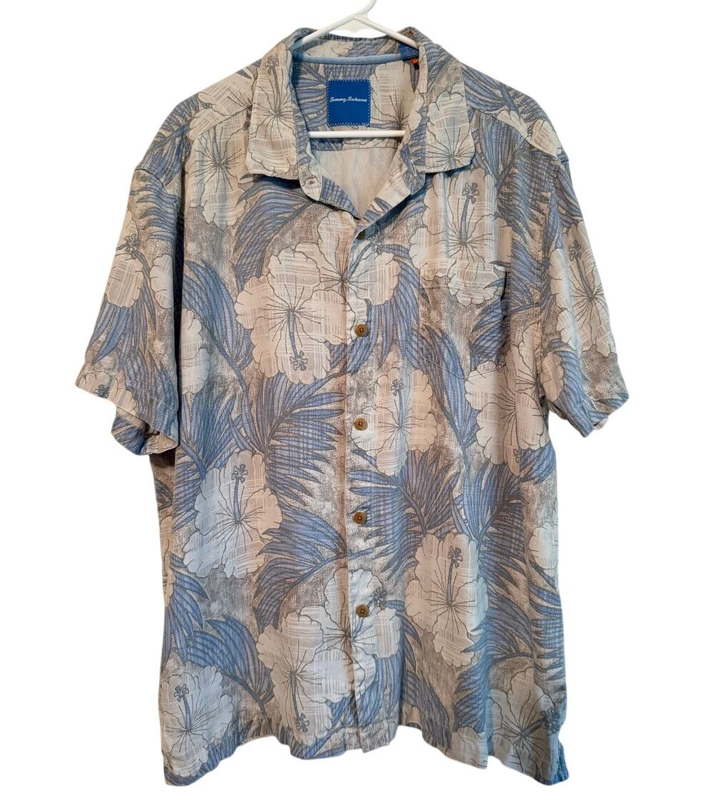 Tommy Bahama 100% Silk Grey and Blue Floral Print Short Sleeve Shirt XXXL 3X EUC